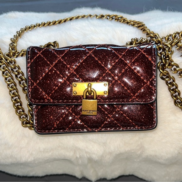 Kurt Geiger Burgundy/Brown Patent Sparkly Micro Birxton Bag with Gold Chain - Picture 1 of 10